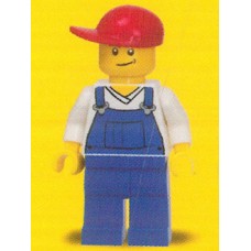 cty320 Overalls Blue over V-Neck Shirt, Blue Legs, Red Short Bill Cap, Crooked Smile 